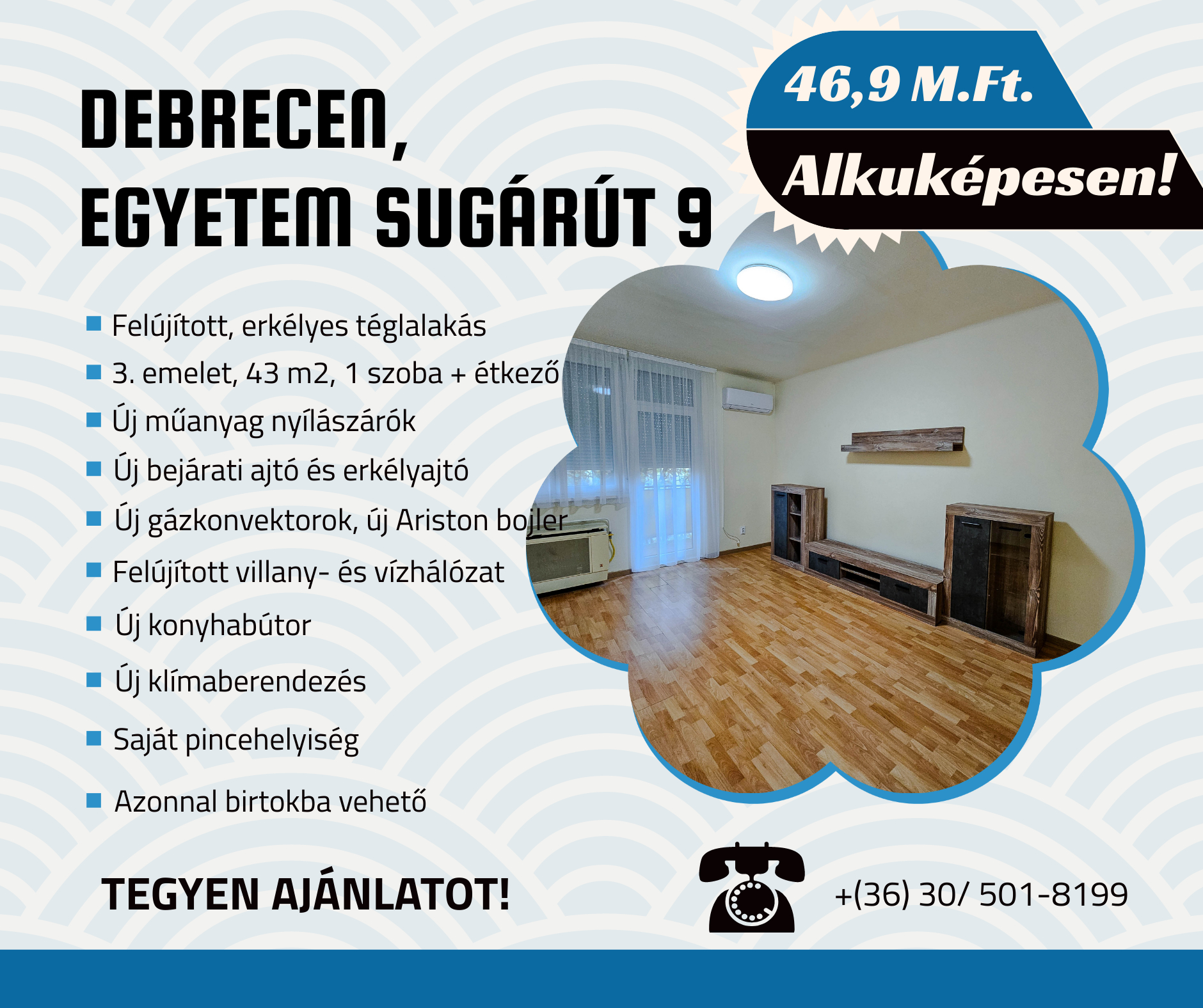 Felújított, erkélyes téglalakás eladó Debrecenben, az Egyetem sugárúton!