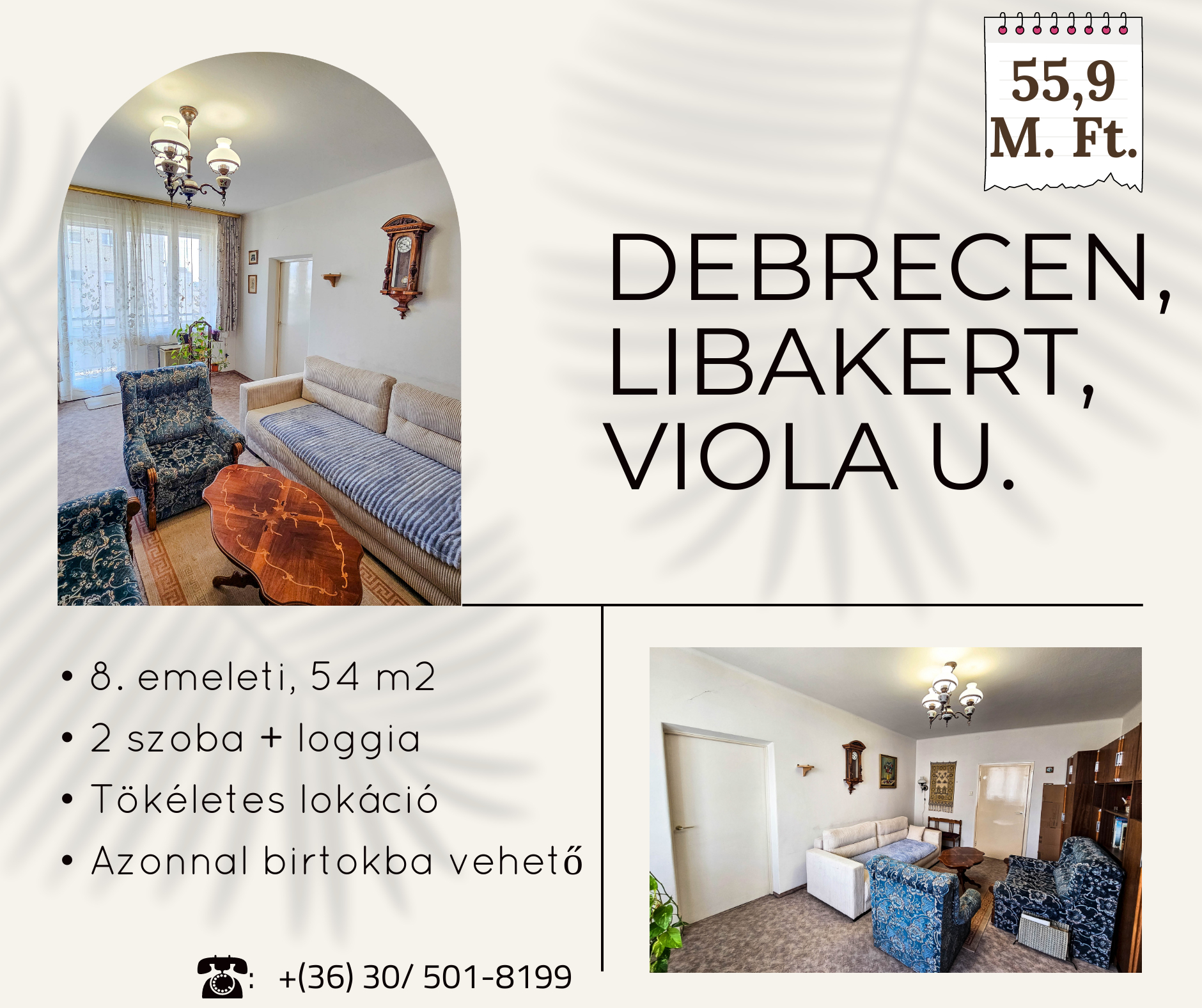🔥Debrecen, Libakert, Viola utca| Loggiás| 54 m2, 2 szoba| azonnal birtokba vehető| 56,9 M Ft.